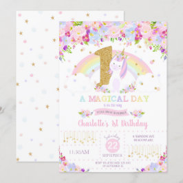 ユニコーン1歳の誕生日招待状 フラワーレインボー 招待状