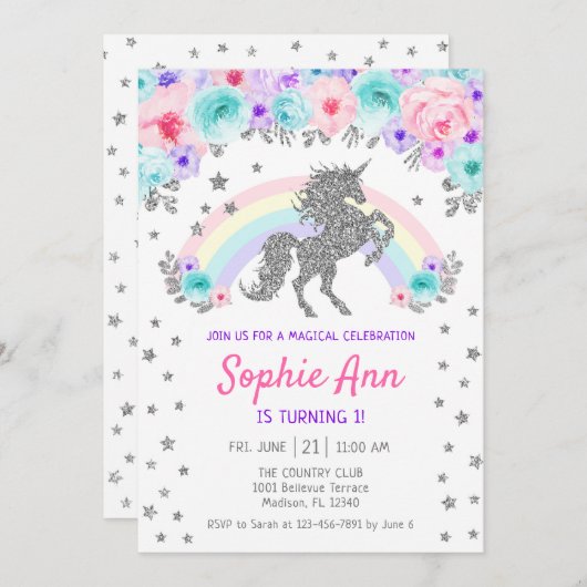 ユニコーン1歳の誕生日 – シルバーティール(緑がかった色)パープルピンク 招待状 (正面/裏面)