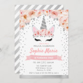 ユニコーン1歳の誕生日 – シルバーピンク 招待状 (正面/裏面)