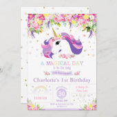 ユニコーン1歳誕生日招待状フローラレインボー 招待状 (正面/裏面)