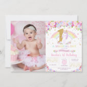 ユニコーン1歳誕生日招待状 フラワーレインボー 招待状 (正面)