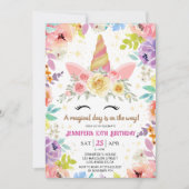 ユニコーン10誕生日カラフルフローラレインボー 招待状 (正面)