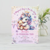ユニコーン10誕生日招待状ガールピンク金ゴールドかわいい 招待状 (スタンド正面)