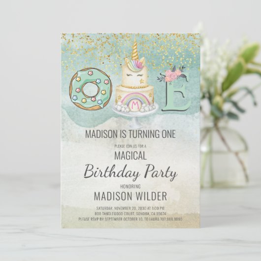 ユニコーン1thバースデーアクアピンク招待状 招待状 (スタンド正面)