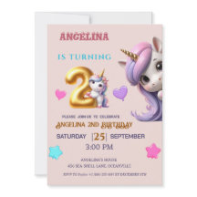 ユニコーン2nd誕生日招待状ガールパープル&金ゴールド