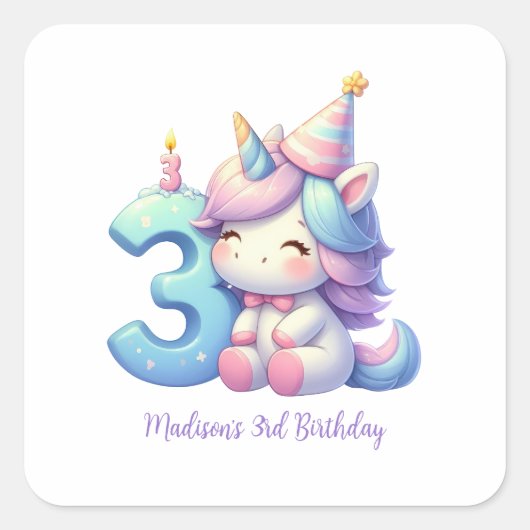 ユニコーン3歳の誕生日おめでとうギフト スクエアシール (正面)