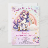 ユニコーン3rdバースデーガールパープル金ゴールドレインボー 招待状 (正面)