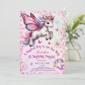 ユニコーン3rdバースデーガールピンクパープルグリッター 招待状 (スタンド正面)