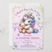 ユニコーン3rd誕生日招待状ガールピンク金ゴールドかわいい 招待状 (正面)