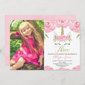 ユニコーン3th誕生日ピンクの金ゴールド写真 招待状 (正面/裏面)