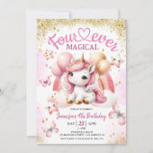 ユニコーン4thバースデーガールピンク金ゴールドレインボー 招待状 (正面)