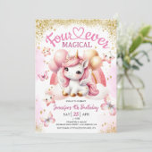 ユニコーン4thバースデーガールピンク金ゴールドレインボー 招待状 (スタンド正面)