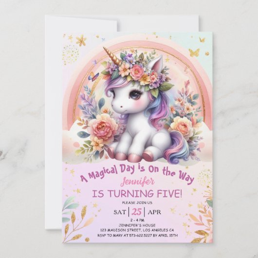 ユニコーン5th誕生日ガールピンクフローラレインボー 招待状 (正面)