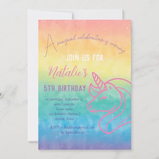 ユニコーン5th誕生日ガールピンクマジカルフィフス 招待状 (正面)