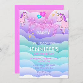 ユニコーン6歳の誕生日招待状パープルピンク 招待状