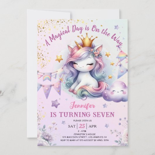 ユニコーン7歳の誕生日パーティー招待状 女の子 ピンク&ゴールド 招待状 (正面)
