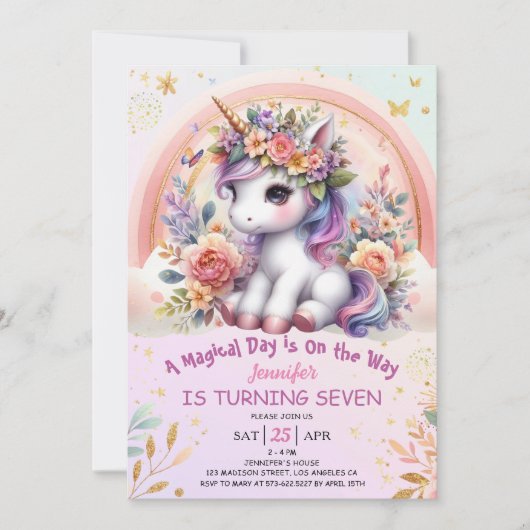 ユニコーン7誕生日ガールピンクフローラレインボー 招待状 (正面)