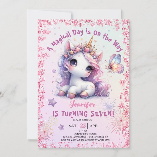 ユニコーン7th誕生日パーティーガールピンクパープル 招待状 (正面)