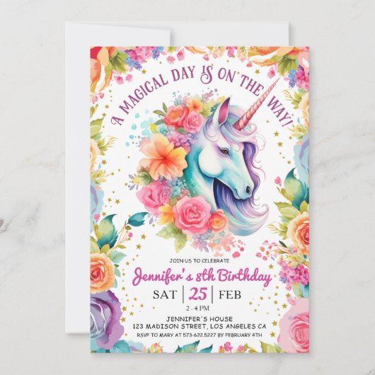 ユニコーン8誕生日フローラレインボーアンドスターズ 招待状 (正面)