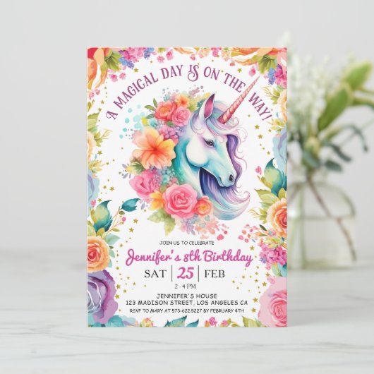 ユニコーン8誕生日フローラレインボーアンドスターズ 招待状 (スタンド正面)