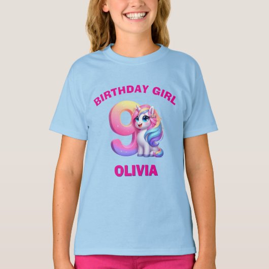 ユニコーン9歳の誕生日女の子Tシャツ カスタムネーム Tシャツ (正面)