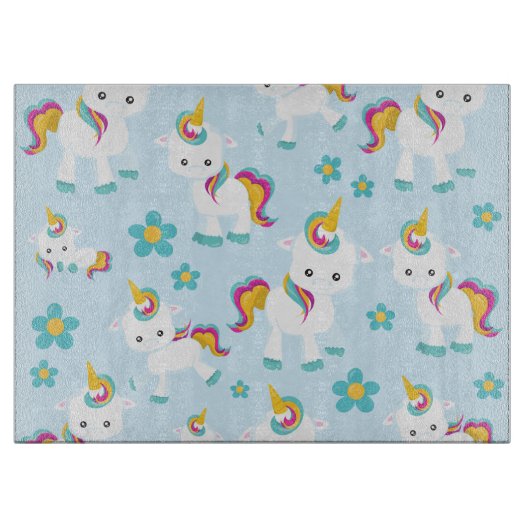 ユニコーン，かわいいユニコーン，花 カッティングボード (正面)