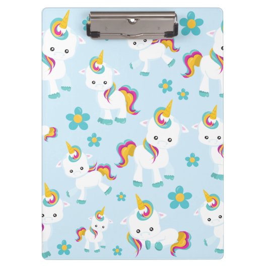 ユニコーン，かわいいユニコーン，花 クリップボード (正面)