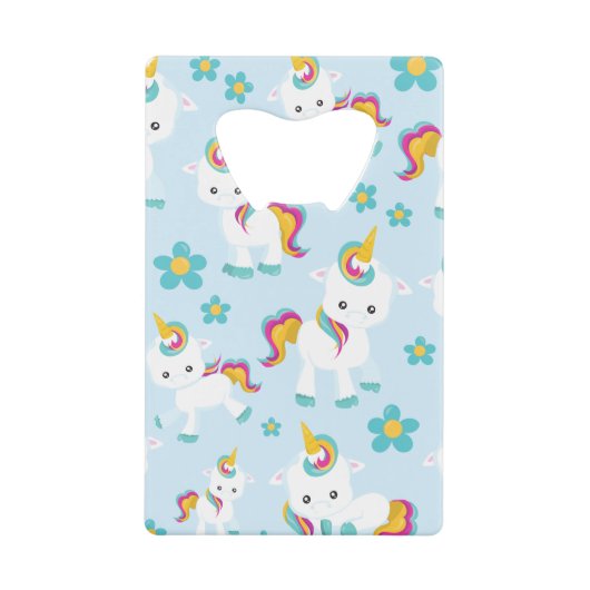 ユニコーン，かわいいユニコーン，花 クレジットカード栓抜き (正面)