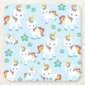 ユニコーン，かわいいユニコーン，花 スクエアペーパーコースター (正面)