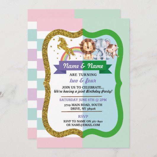 ユニコーン&アニマルジョイント2子ども誕生日 招待状 (正面/裏面)