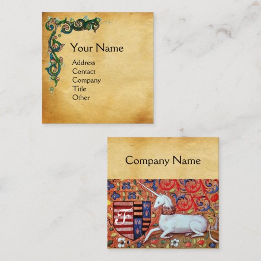 ユニコーン/アンティークフローラブラウンパーチメントモノグラム スクエア名刺 (正面/裏面)