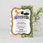 ユニコーン&アーミージョイントボーイガール誕生日軍隊 招待状 (スタンド正面)