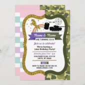 ユニコーン&アーミージョイントボーイガール誕生日軍隊 招待状 (正面/裏面)