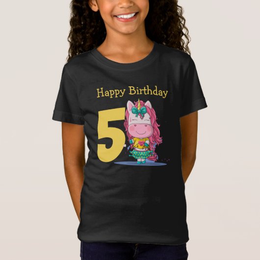 ユニコーン イエロー 5歳 誕生日Tシャツ Tシャツ (正面)