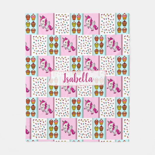 ユニコーン、カップケーキ、かわいい散策をパーソナライズ フリースブランケット (正面)