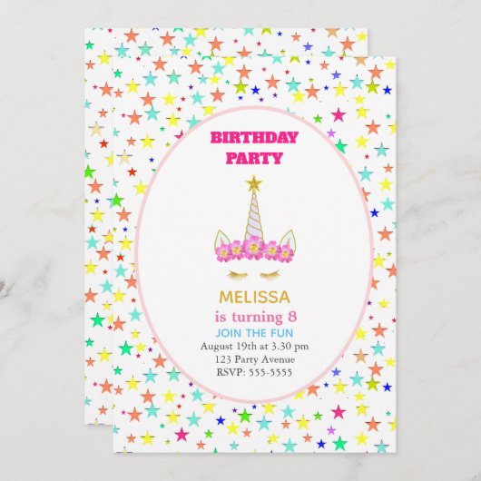 ユニコーン&カラー数々のスターズバースデーパーティー 招待状 (正面/裏面)