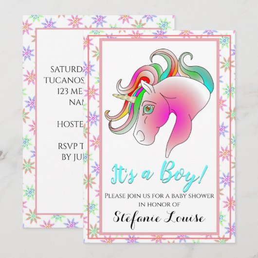 ユニコーン カートゥーン レインボー 男の子誕生！（金色の角） 招待状 (正面/裏面)