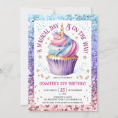 ユニコーン ギラギラ虹色カップケーキ|5歳誕生日 招待状 (正面)