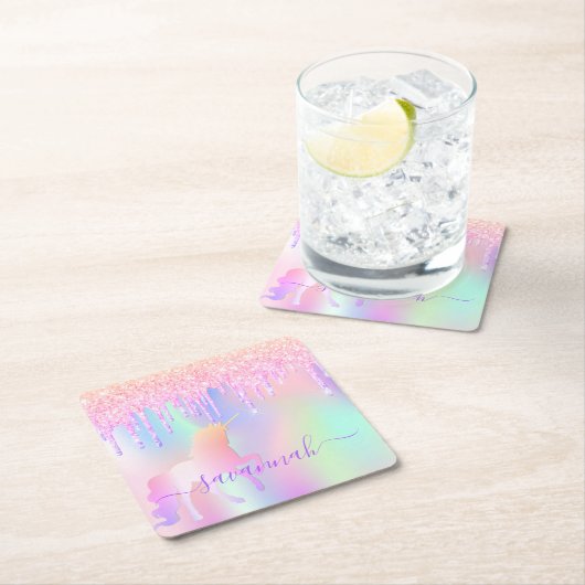 ユニコーン グリッター ピンク イリデッセント ローズゴールド 誕生日 スクエアペーパーコースター (インサイチュ)