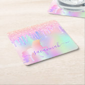 ユニコーン グリッター ピンク イリデッセント ローズゴールド 誕生日 スクエアペーパーコースター (アングル)