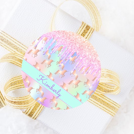 ユニコーン グリッター ピンク イリデッセント ローズゴールド 誕生日 ラウンドシール