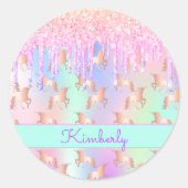ユニコーン グリッター ピンク イリデッセント ローズゴールド 誕生日 ラウンドシール (正面)