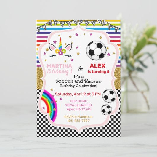ユニコーン&サッカー兄弟姉妹誕生日の招待状。 招待状 (スタンド正面)
