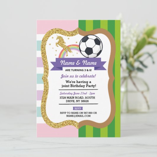 ユニコーン&サッカー共同誕生日ガールボーイスポーツ 招待状 (スタンド正面)