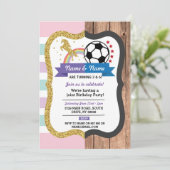 ユニコーン & サッカー合同誕生日 女の子 男の子 スポーツ 招待状 (スタンド正面)