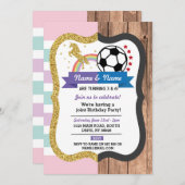 ユニコーン & サッカー合同誕生日 女の子 男の子 スポーツ 招待状 (正面/裏面)