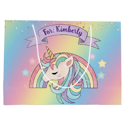 ユニコーン&スパークリレインボー金ゴールドグリッター名前をカスタムする ラージペーパーバッグ (裏面)
