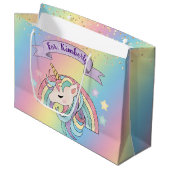 ユニコーン&スパークリレインボー金ゴールドグリッター名前をカスタムする ラージペーパーバッグ (正面アングル)