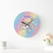 ユニコーン&スパークリレインボー金ゴールドグリッター名前をカスタムする ラージ壁時計 (ホーム)