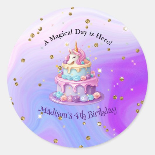 ユニコーン スパークル 青 紫 ケーキ 4歳の誕生日 ラウンドシール (正面)